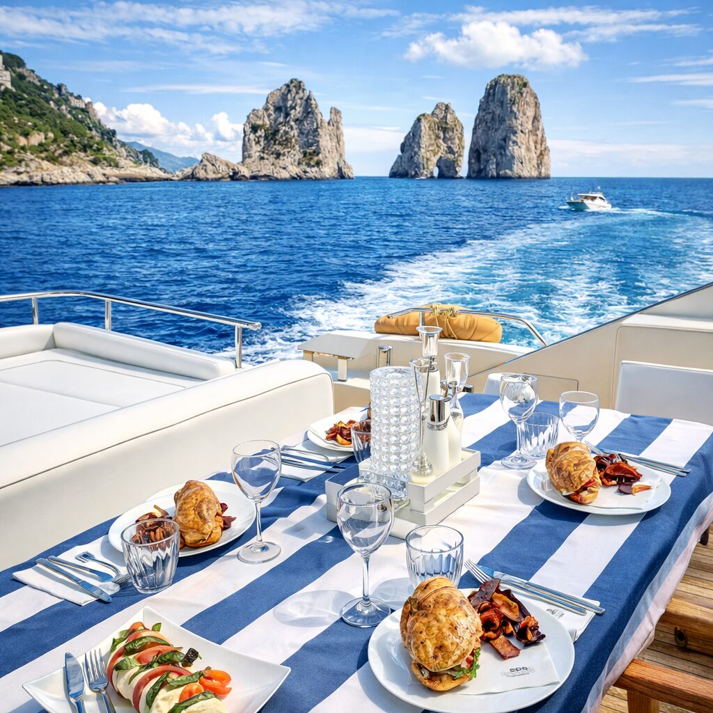 Luxury yacht dining with Capri views